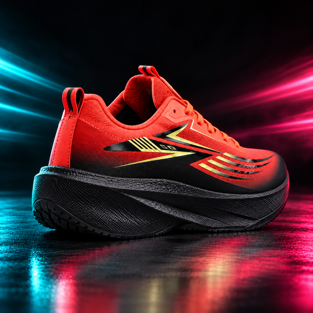 CHUNTA Surge in Black / Coral / Gold, rear three-quarter campaign view