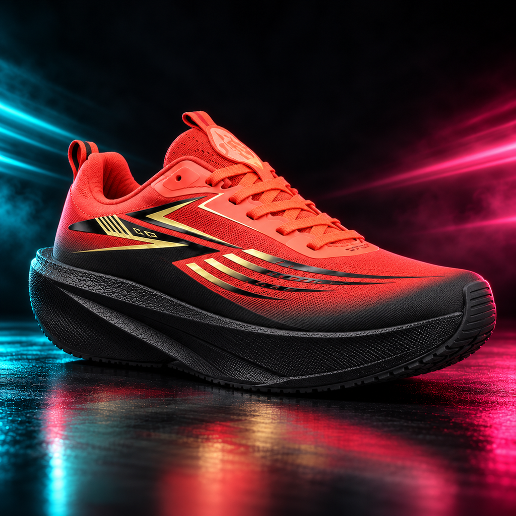 CHUNTA Surge in Black / Coral / Gold, front three-quarter campaign view