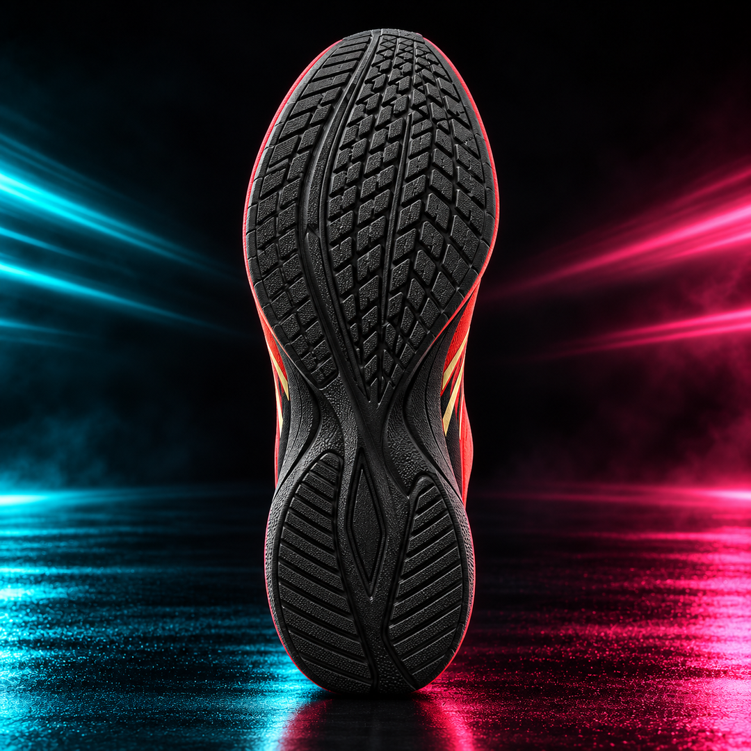 CHUNTA Surge in Black / Coral / Gold, outsole view