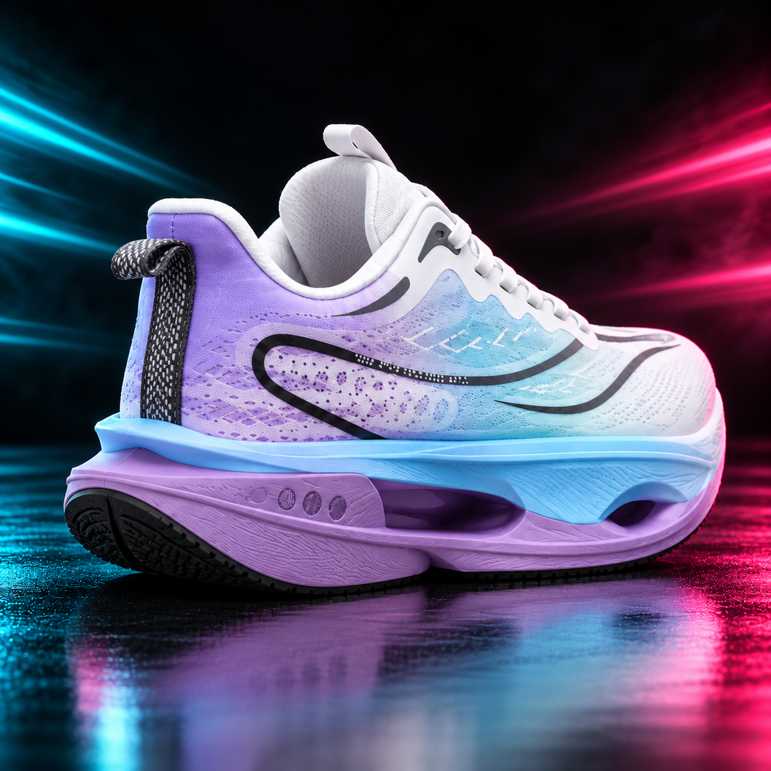 CHUNTA 9PRO in White / Lilac / Blue, rear three-quarter campaign view