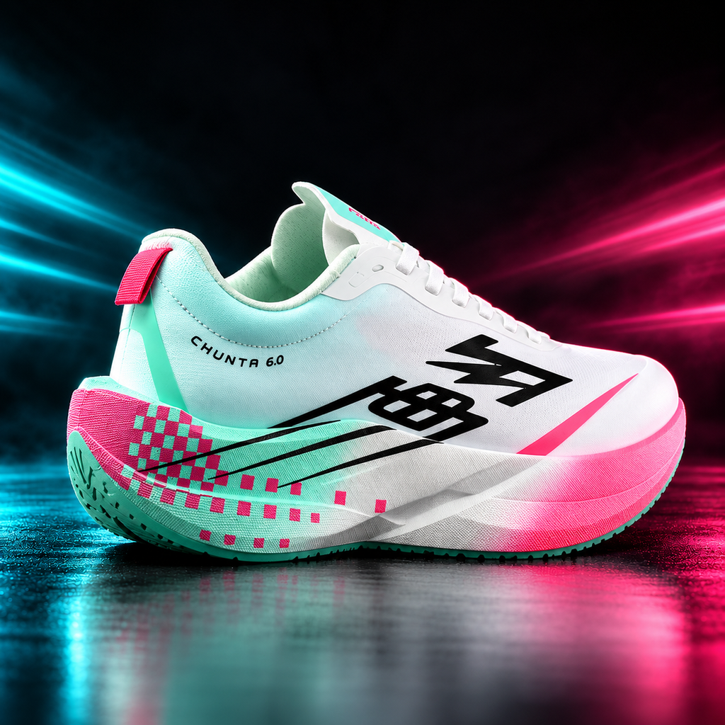 CHUNTA Circuit 6.0 in White / Mint / Pink, rear three-quarter campaign view