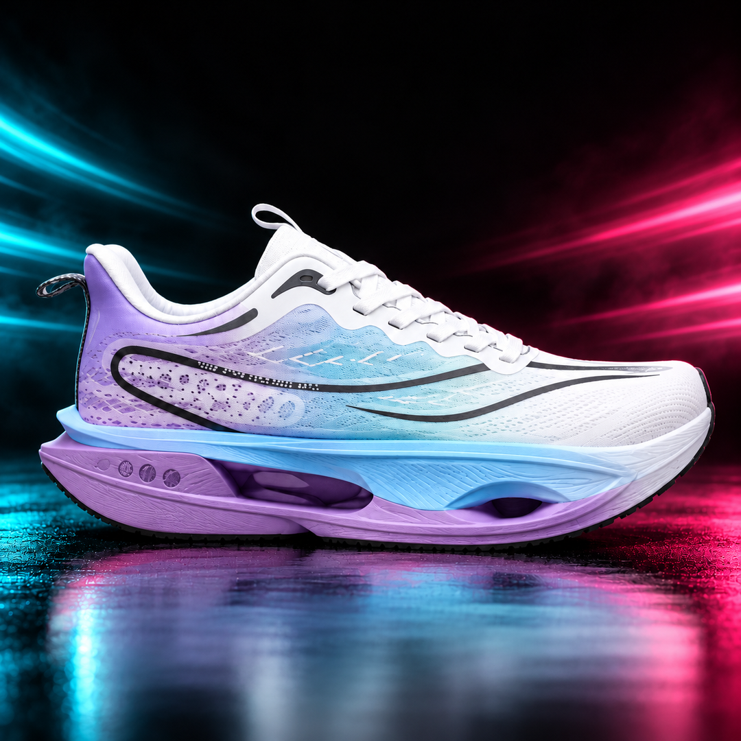 CHUNTA 9PRO in White / Lilac / Blue, outer lateral campaign view